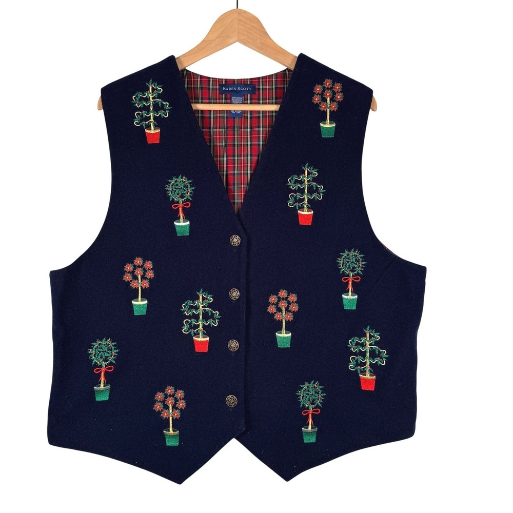 Karen Scott Vintage Christmas Vest Navy Blue Embroidered Topiary Plaid Lined XL